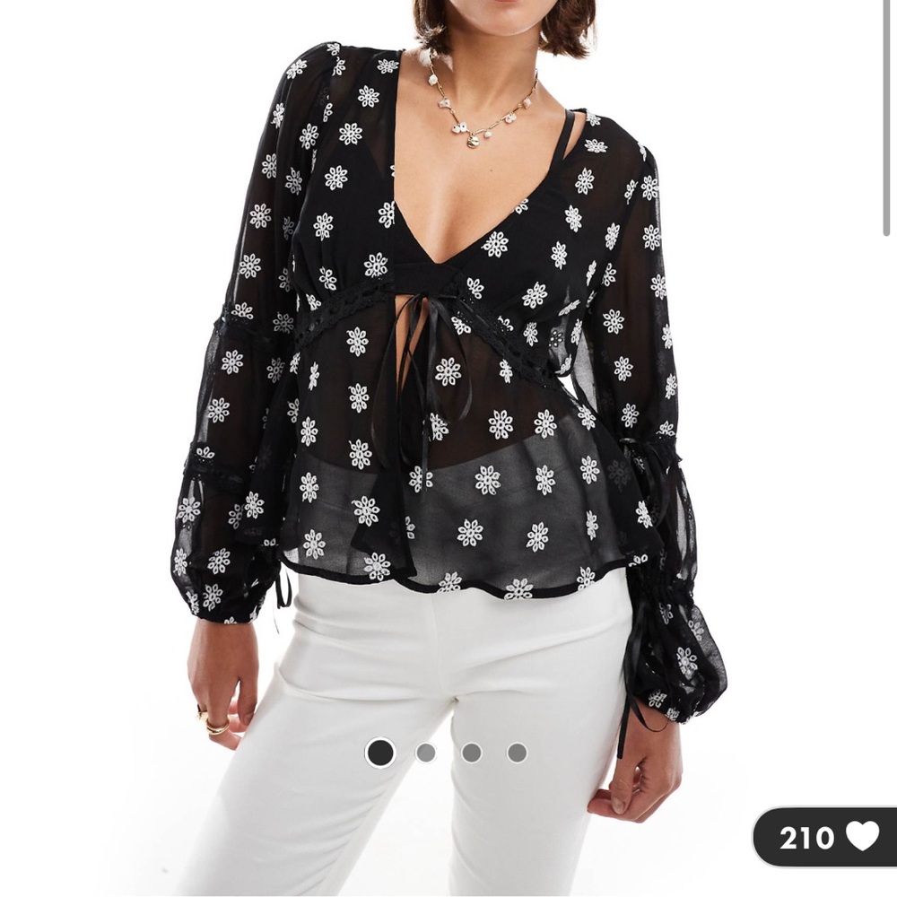 Miss Selfridge embroidered daisy tie front blouse